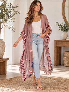 Nalini One Size Mauve Floral Kimono Duster Boho NWT